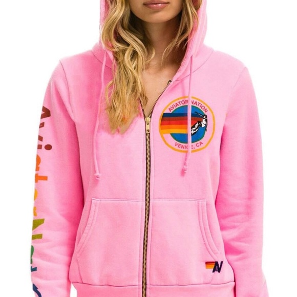 NWT Aviator Nation Neon Pink Zip Hoodie - Picture 2 of 2